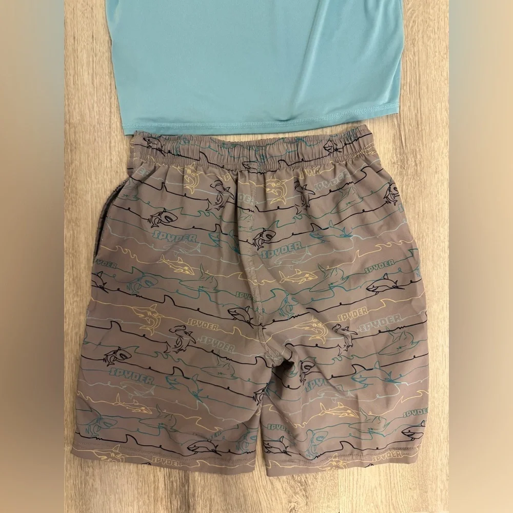 Spyder Blue Long Sleeve Swim Shirt and Shark Patterned  Bathing suit Shorts Set